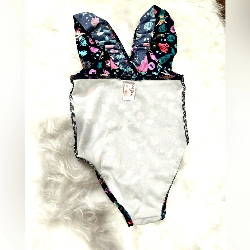 CAT & JACK BATHING SUIT | NAVY BLUE BACKGROUND WITH MERMAIDS & SHELLS